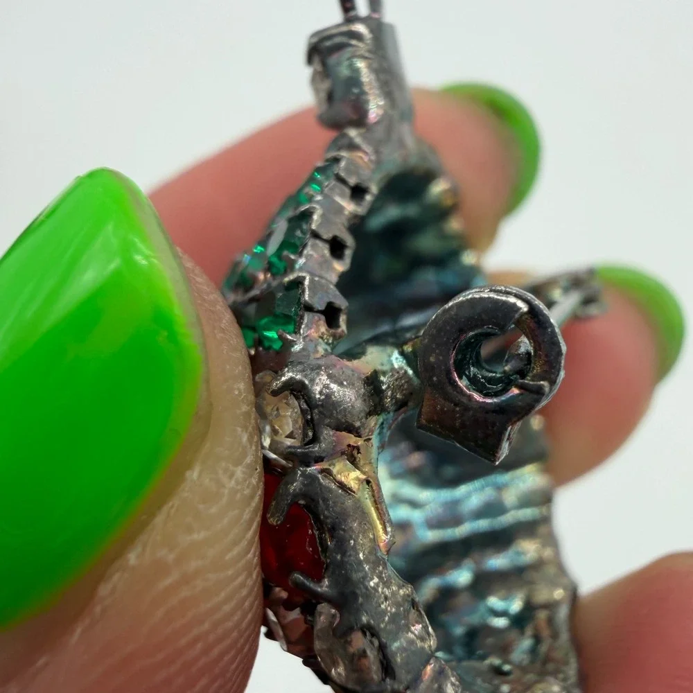 Vintage Bauer Christmas Ornament Brooch Pendant Red Green Rhinestone Pin Silver